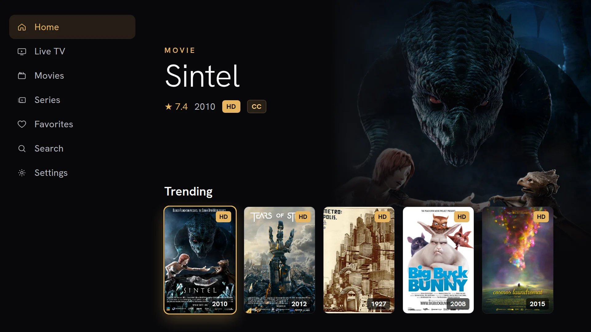 Chaipa home screen with a Sintel hero banner and a Trending row of posters