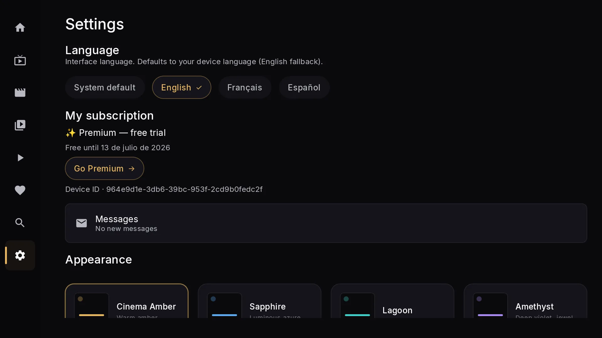Chaipa Settings screen: language, themes and subscription